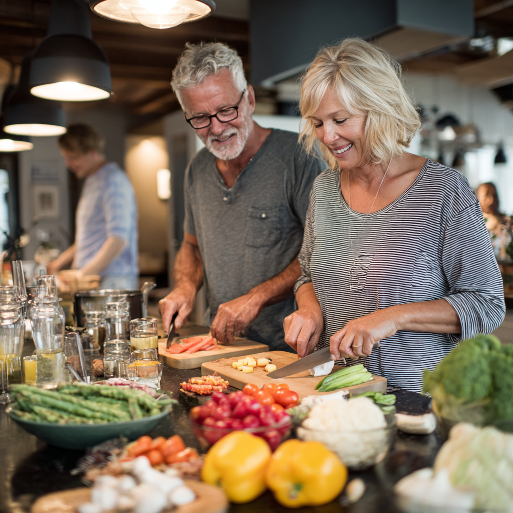 Middle-aged adults preparing healthy meal together in modern kitchen